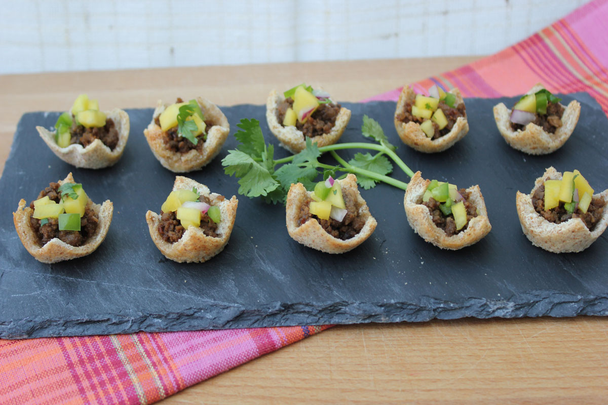 Thai Beef in Toast Cups with Mango Salsa