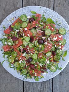 A delicioius combination of flavours in this watermelon, herb and cucumber salad.